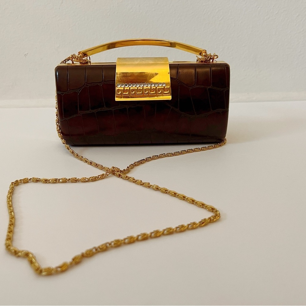 CLEARANCE ✨ Vintage Brown & Gold Clutch with Diamond Detail - Picture 2 of 13